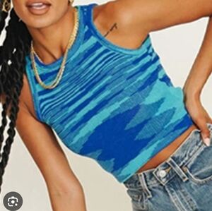 ShopJace Women's Blue Jacquard Knit Tank Top, 95% Cotton, Size S